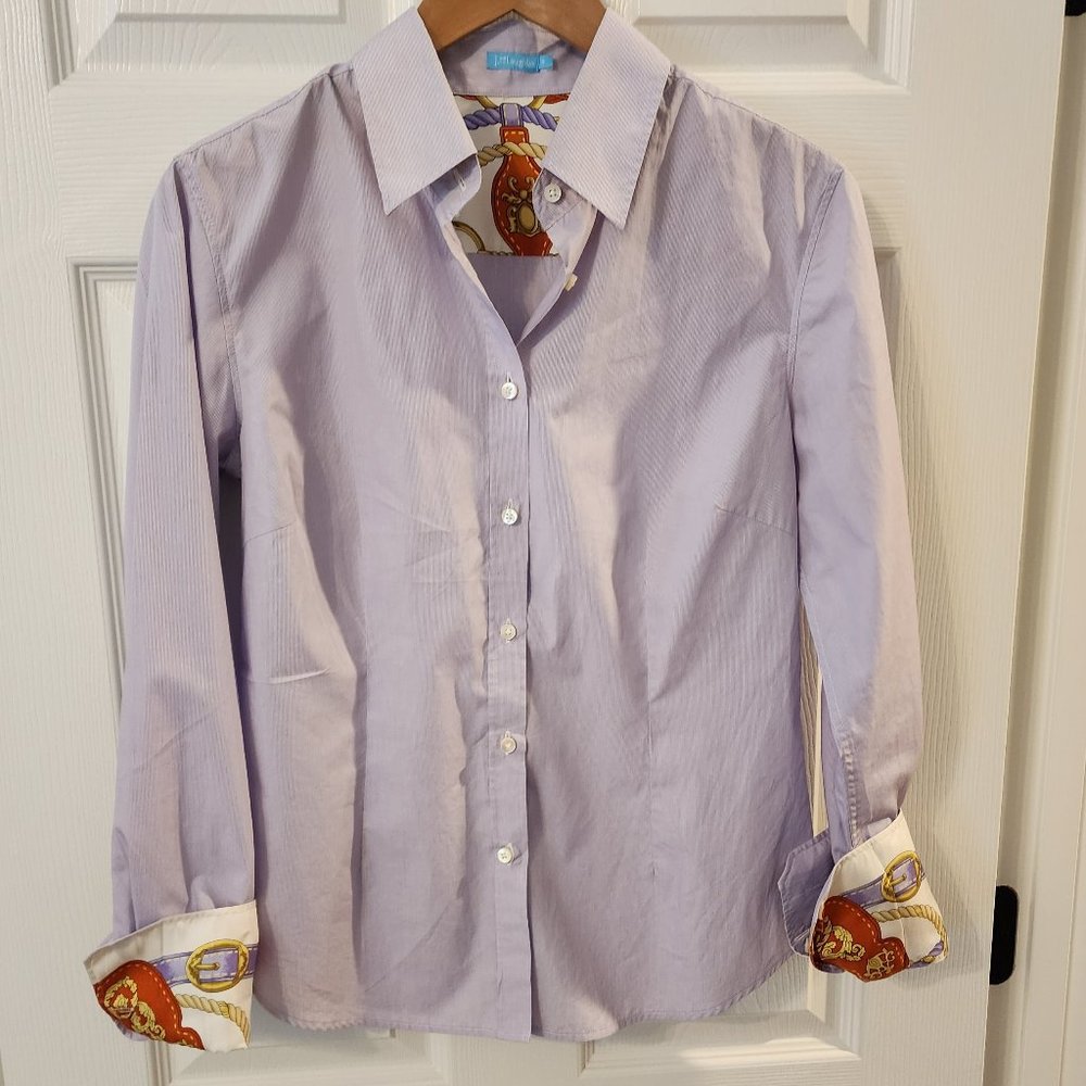 J. McLaughlin Purple Thin White Stripe Button Down Shirt with Silk cuffs Size 8 - Picture 2 of 14